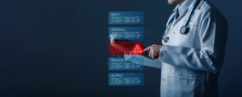 A doctor in a lab coat interacts with a digital interface displaying a workflow with an error at "PROCESS 2," indicating a system malfunction or issue in a medical data process.