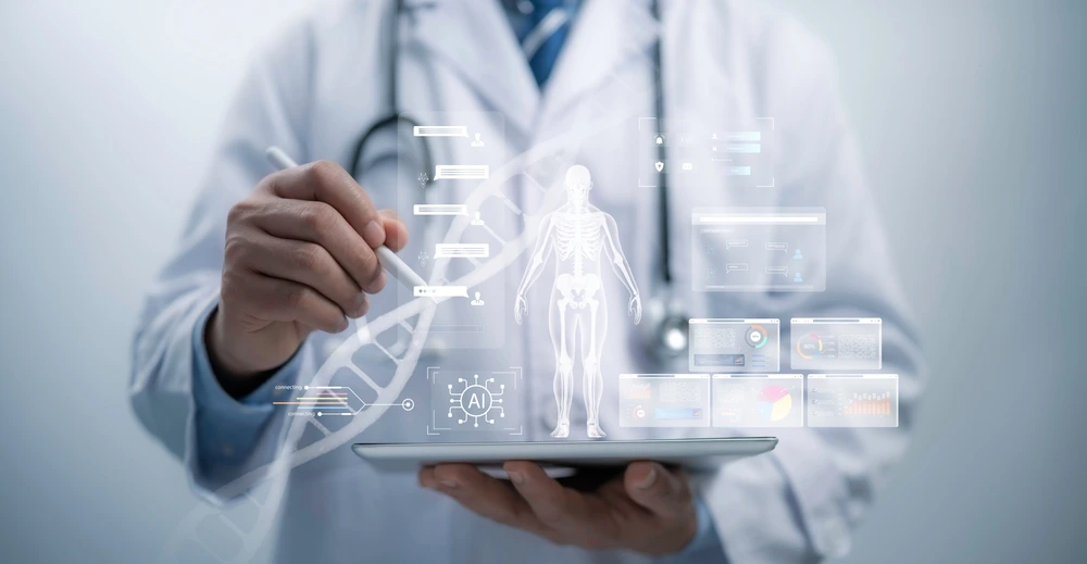 A doctor in a white coat holds a tablet displaying a holographic human figure and a DNA helix, with various data points and interface elements floating around, symbolizing precision medicine and genetic research in healthcare.